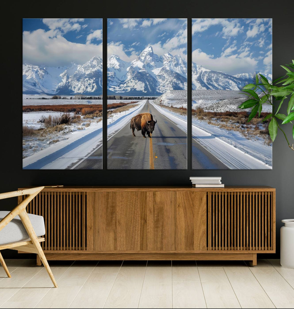 Bison Wall Art | Snowy Road Wall Art | Framed Mountain Landscape Canvas