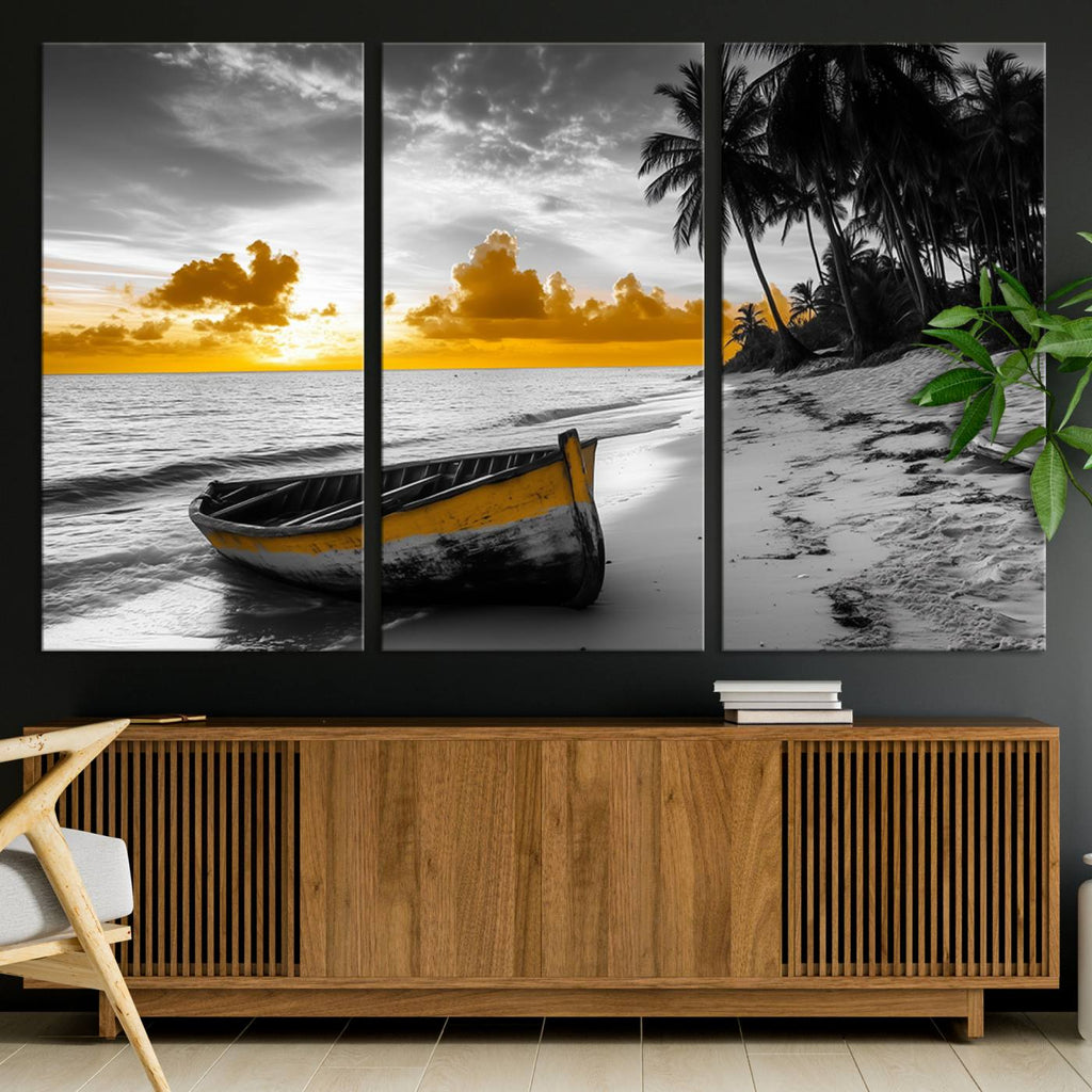 Yellow Rowboat Wall Art | Framed Tropical Shoreline Canvas