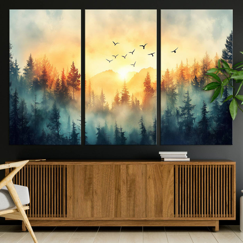 Sunrise Forest Wall Art | Framed Misty Pines Canvas Artwork