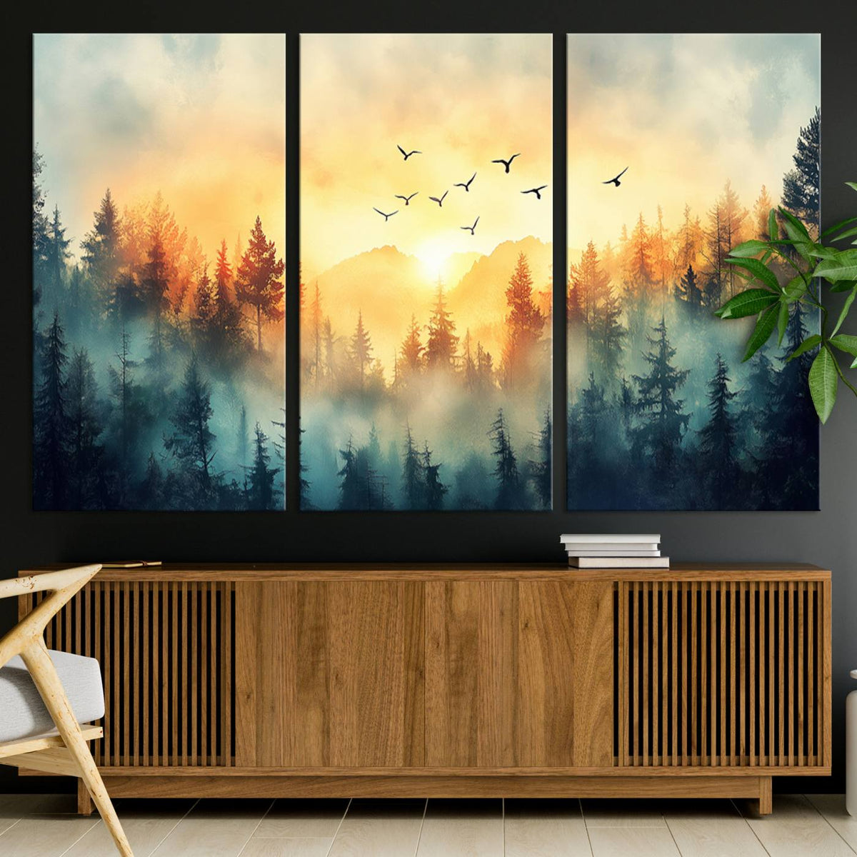 Sunrise Forest Wall Art | Framed Misty Pines Canvas Artwork