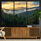 Mountain Sunrise Wall Art | Framed Pine Forest Canvas