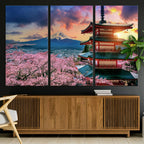 Mount Fuji Cherry Blossom Wall Art Canvas Print | Framed Pagoda Sunset