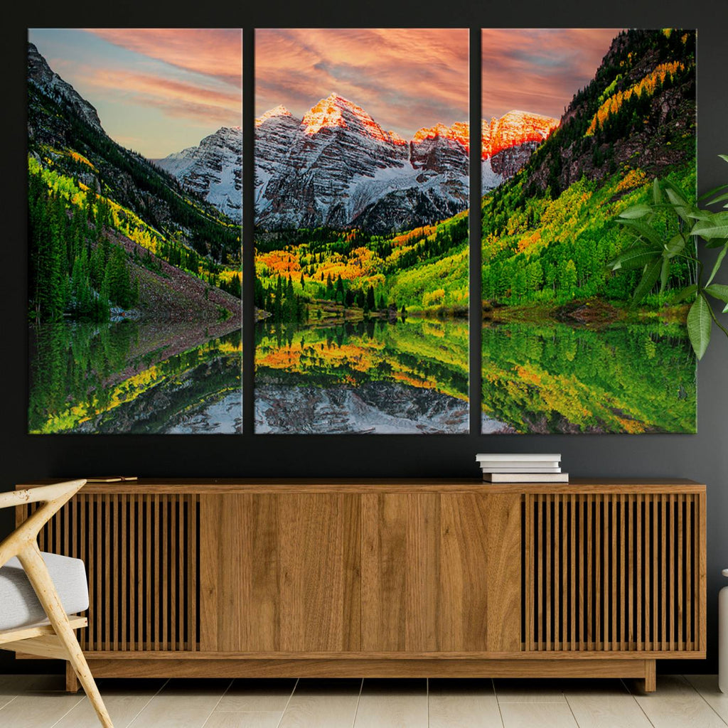 Sunset Glow Mountain Wall Art Canvas Print | Peaks, Green Forest and Lake