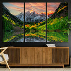 Sunset Glow Mountain Wall Art Canvas Print | Peaks, Green Forest and Lake