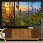Forest Sunset Wall Art Canvas Print | Green Pines in Golden Light
