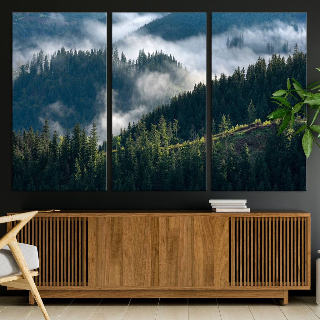 Misty Forest Wall Art Canvas Print | Pine Hills with Foggy Trees