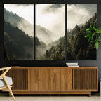 Misty Valley Wall Art Canvas Print | Foggy Forest and Pine Trees