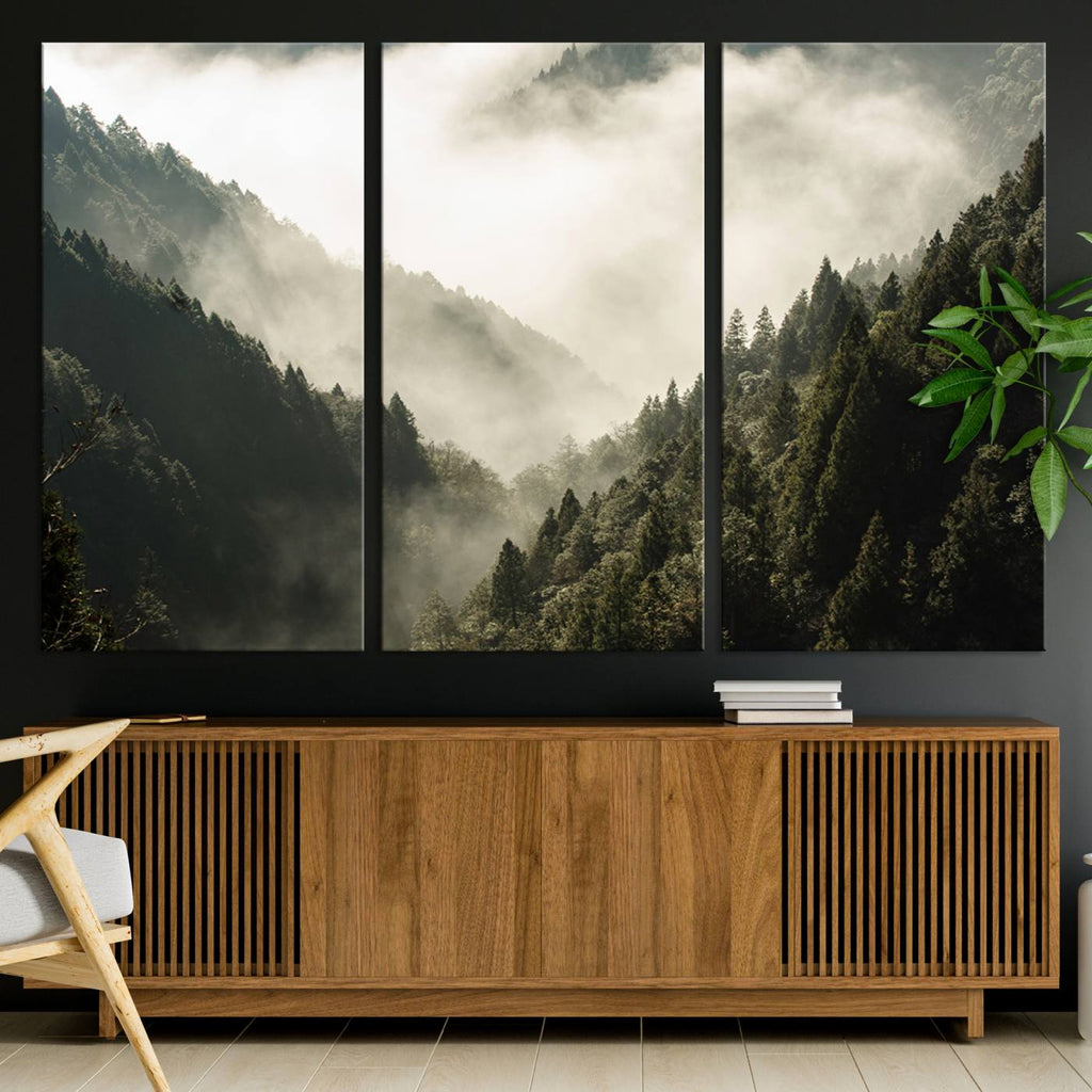 Misty Valley Wall Art: Foggy Forest Canvas Print