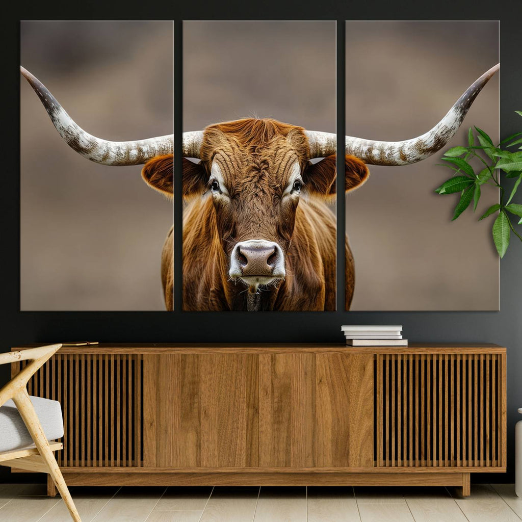 Texas Longhorn Wall Art Canvas Print | Rustic Brown Bull Western Decor