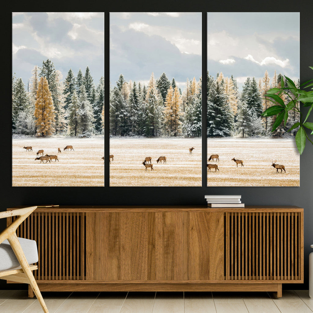 Elk Herd Wall Art, Framed Snowy Forest Canvas Artwork