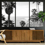 Palm Trees Wall Art Canvas Print, Framed Coastal Ocean Horizon Monochrome Art