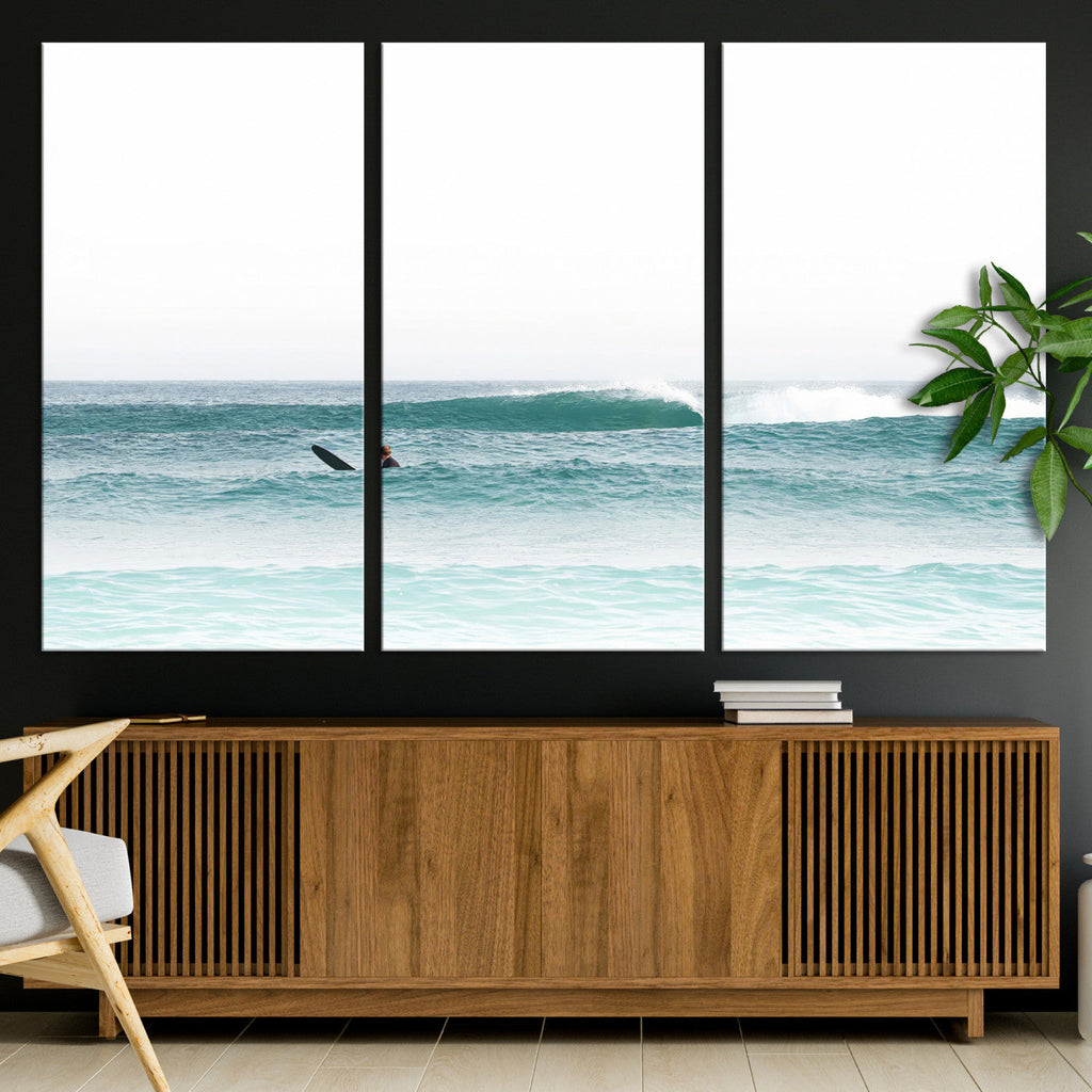 Surfing Wall Art Canvas Print, Framed Minimalist Ocean Waves Beach Art