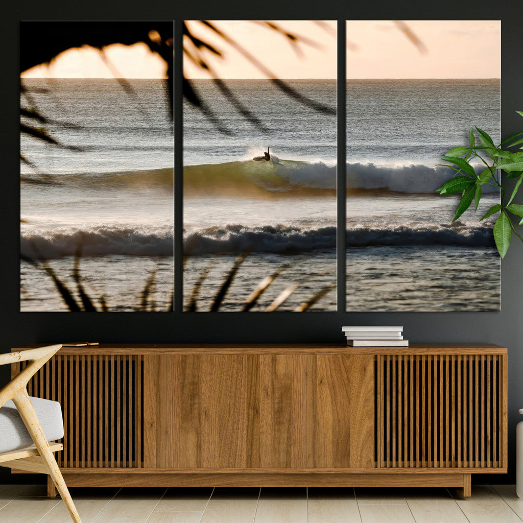 Sunset Surf Wall Art Canvas Print, Framed Golden Hour Waves Boho Beach Art