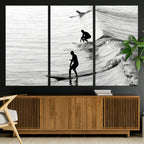 Surfers on Waves Wall Art Canvas Print | Framed Black and White Surf