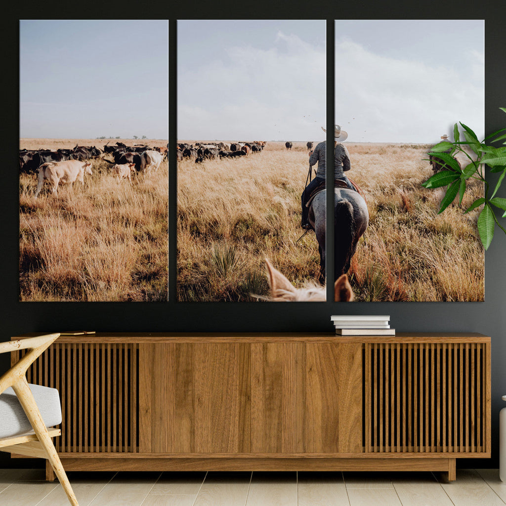 Western Wall Art Canvas Print, Framed Cowboy Cattle Drive Scene