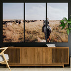 Western Wall Art Canvas Print, Framed Cowboy Cattle Drive Scene