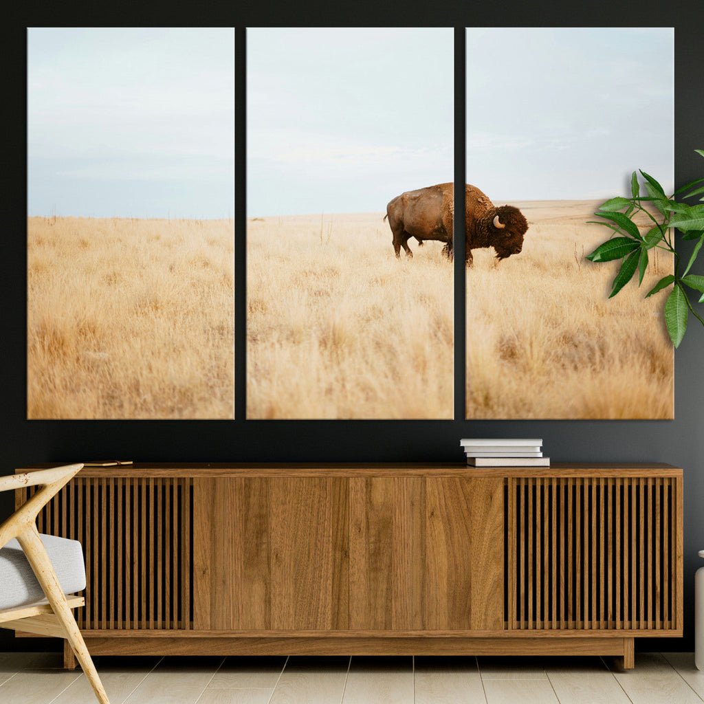 Buffalo Wall Art Canvas Print, Framed Western Wildlife Rustic Prairie Scene