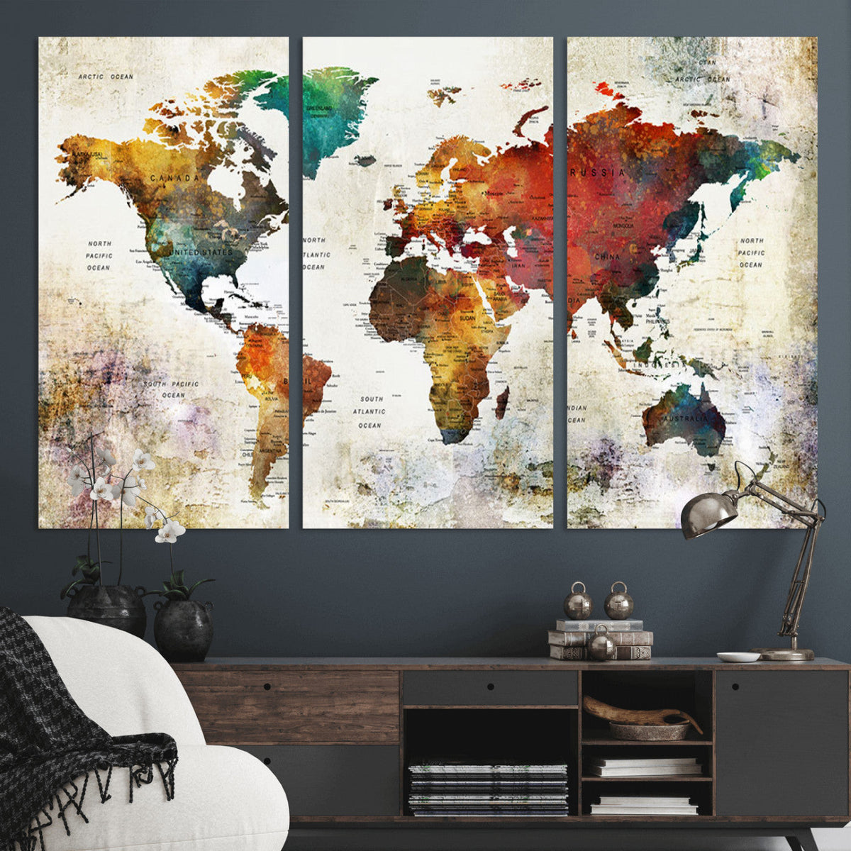 Watercolor World Map Canvas Print | Framed Travel Map Wall Art for Couples