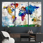 Navy Blue and Orange Watercolor World Map Canvas Print | Framed Travel Map