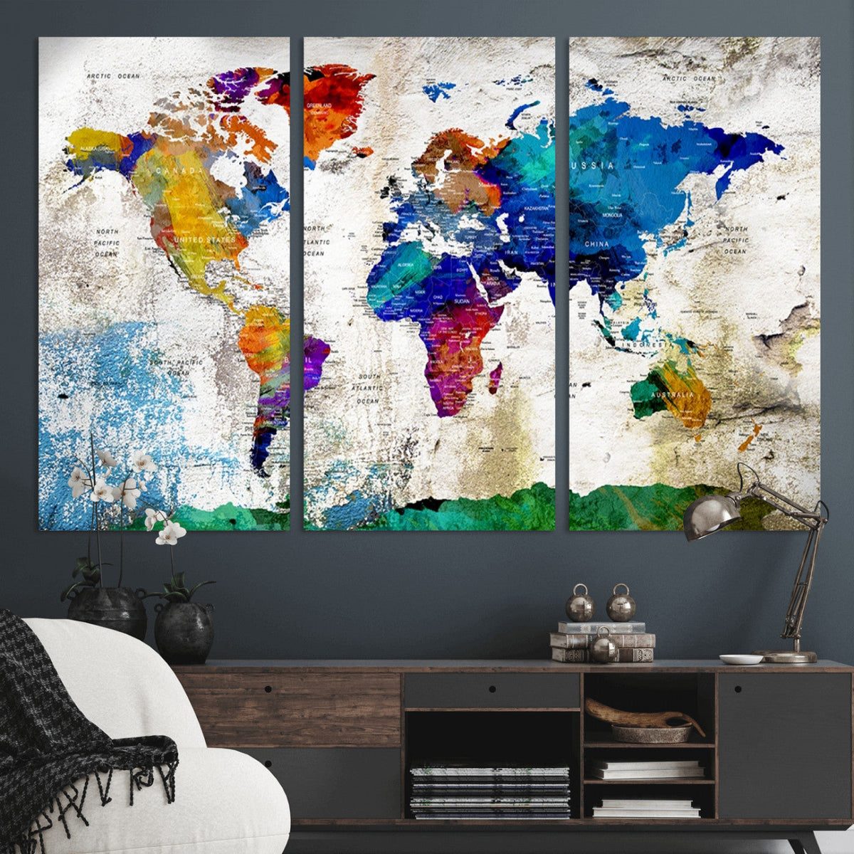 Navy Blue and Orange Watercolor World Map Canvas Print | Framed Travel Map