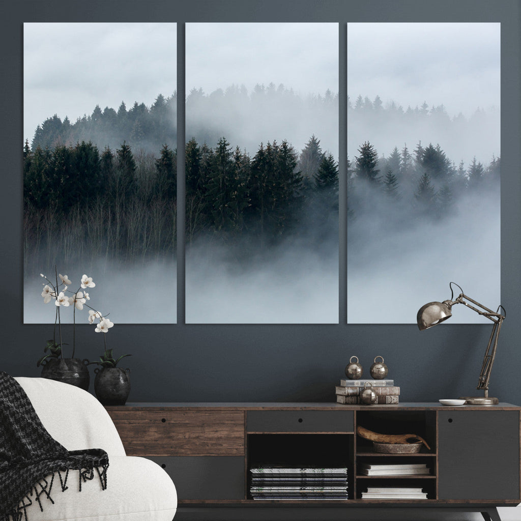 Autumn and Misty Trees in the Forest Wall Art Canvas Print, Foggy Forest Mountain Wall Art