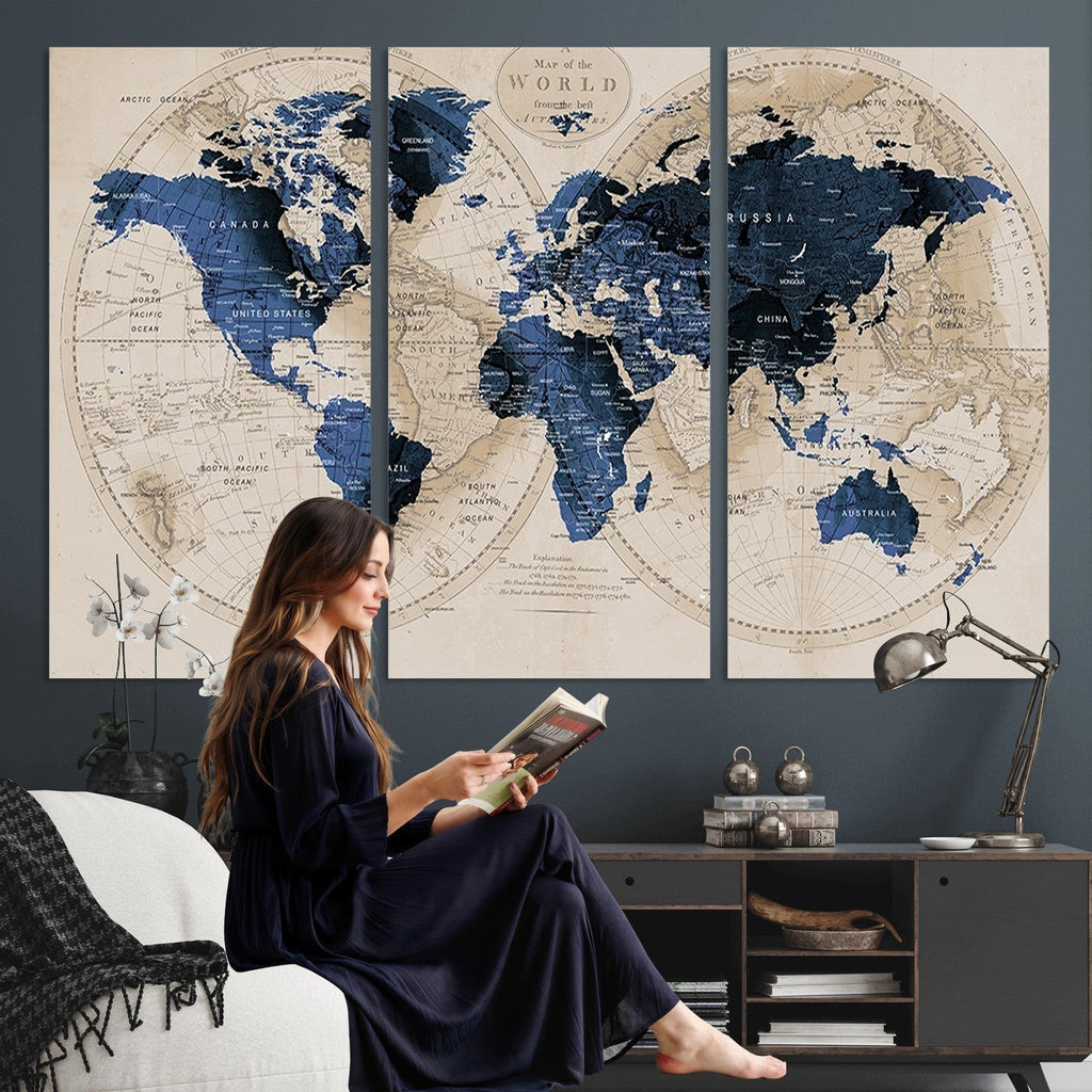 Vintage Blue World Map Canvas Wall Art | Antique Style Framed Map Print