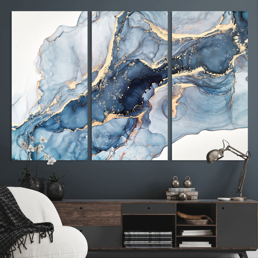 Blue Abstract Canvas Wall Art Print | Fluid Marble Effect Abstract Art