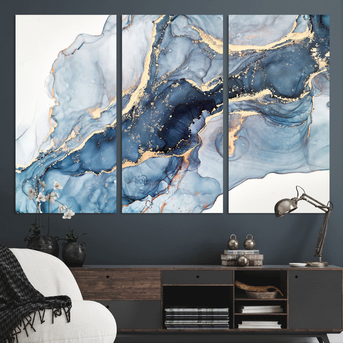 Blue Abstract Canvas Wall Art Print | Fluid Marble Effect Abstract Art