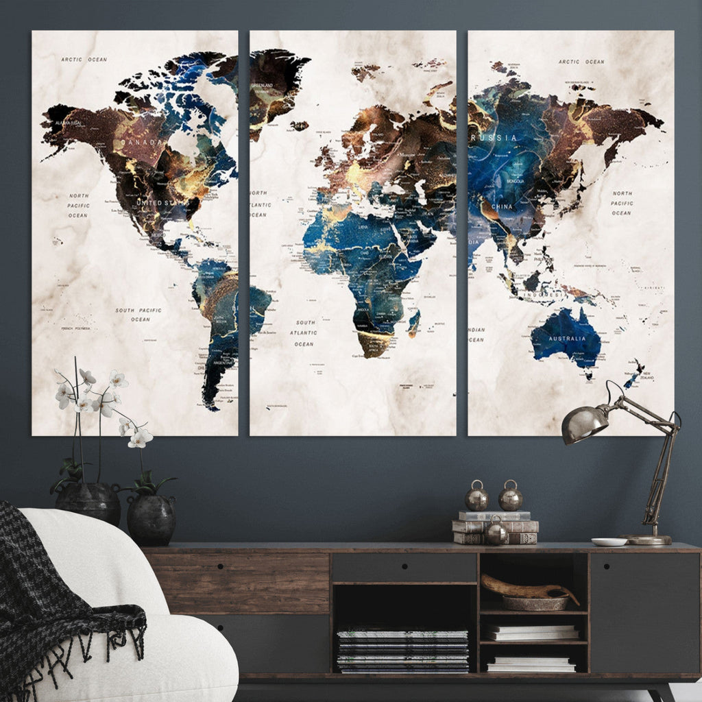 Abstract Earth Tone Blue World Map Canvas Print | Framed Travel Map Wall Art