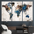 Abstract Earth Tone Blue World Map Canvas Print | Framed Travel Map Wall Art