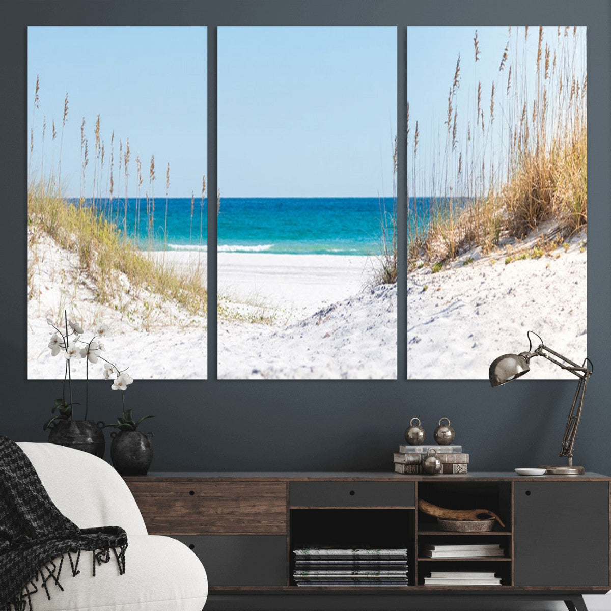 Serene Coastal Dune Path with Ocean View, 3-Panel Beach Canvas Wall Art