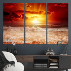 Red Sunset Ocean Beach Canvas Wall Art, Coastal Sunset Print
