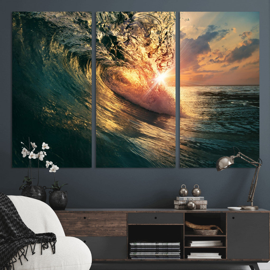 Ocean Wave Sunset Canvas Wall Art | Triptych Seascape Print