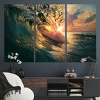 Ocean Wave Sunset Canvas Wall Art | Triptych Seascape Print
