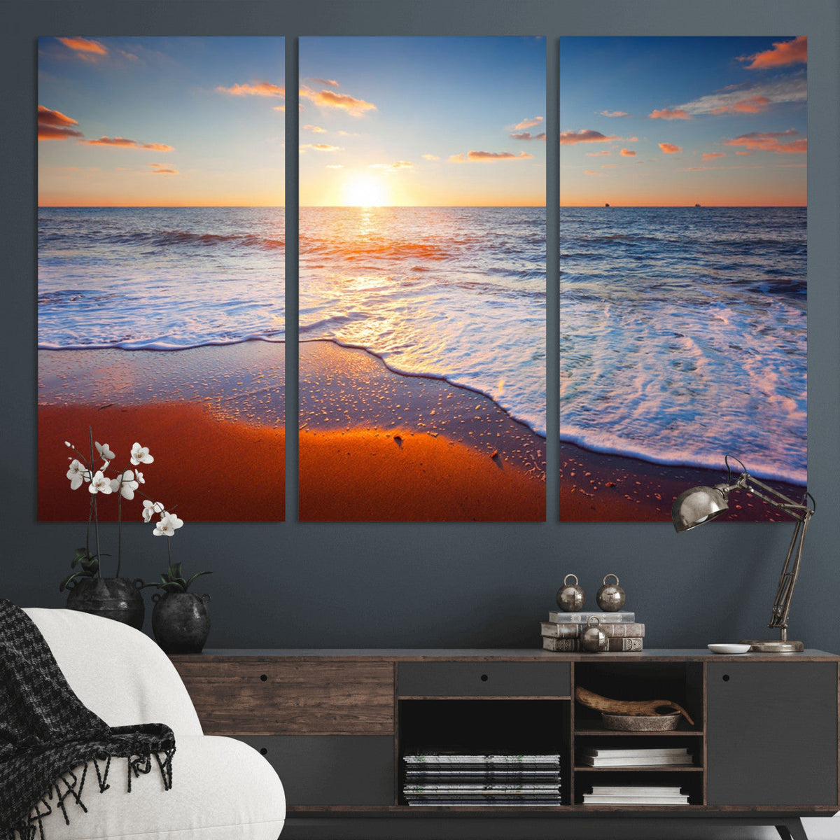 Tropical Ocean Sunset Wall Art Canvas Print, Golden Beach Horizon, Coastal Island Decor