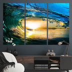 Ocean Wave at Sunset Canvas Art, Large Wall Print of Vibrant Surfing Wave