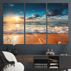 Golden Sunset Beach Triptych Canvas Art, Giclee Coastal Wall Decor, Ocean Waves Print