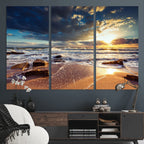 Golden Hour Beach Sunset Canvas Triptych, Ocean Waves and Rocks Wall Art