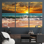 Golden Sunset Beach Canvas Wall Art | Triptych Seascape Print, Framed and Ready to Hang