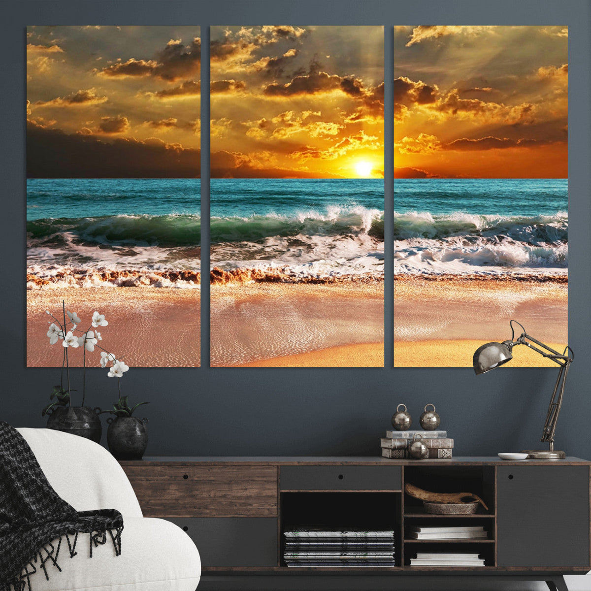 Golden Sunset Beach Canvas Wall Art | Triptych Seascape Print, Framed and Ready to Hang