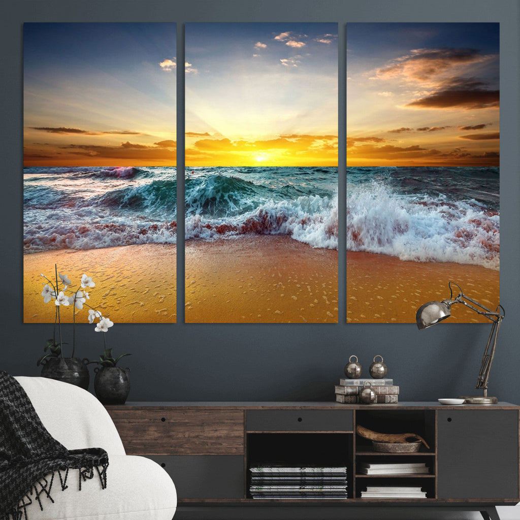 Golden Sunset Ocean Waves Wall Art Canvas Print | Multi Panel Beach Canvas Set, Coastal Triptych