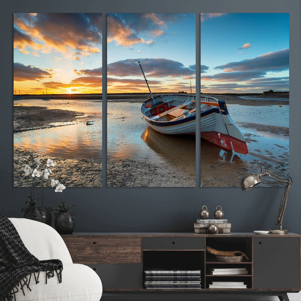 Small Boat At The Beach Sunset Wall Art, Boat Sunset Wall Art Canvas Print