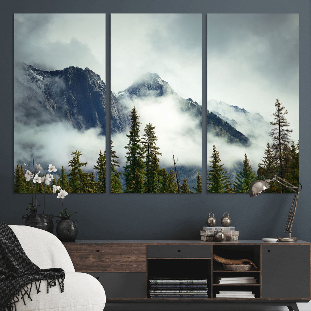 Mountain Mist Canvas Wall Art Print | 3-Panel Foggy Forest and Mountain Landscape