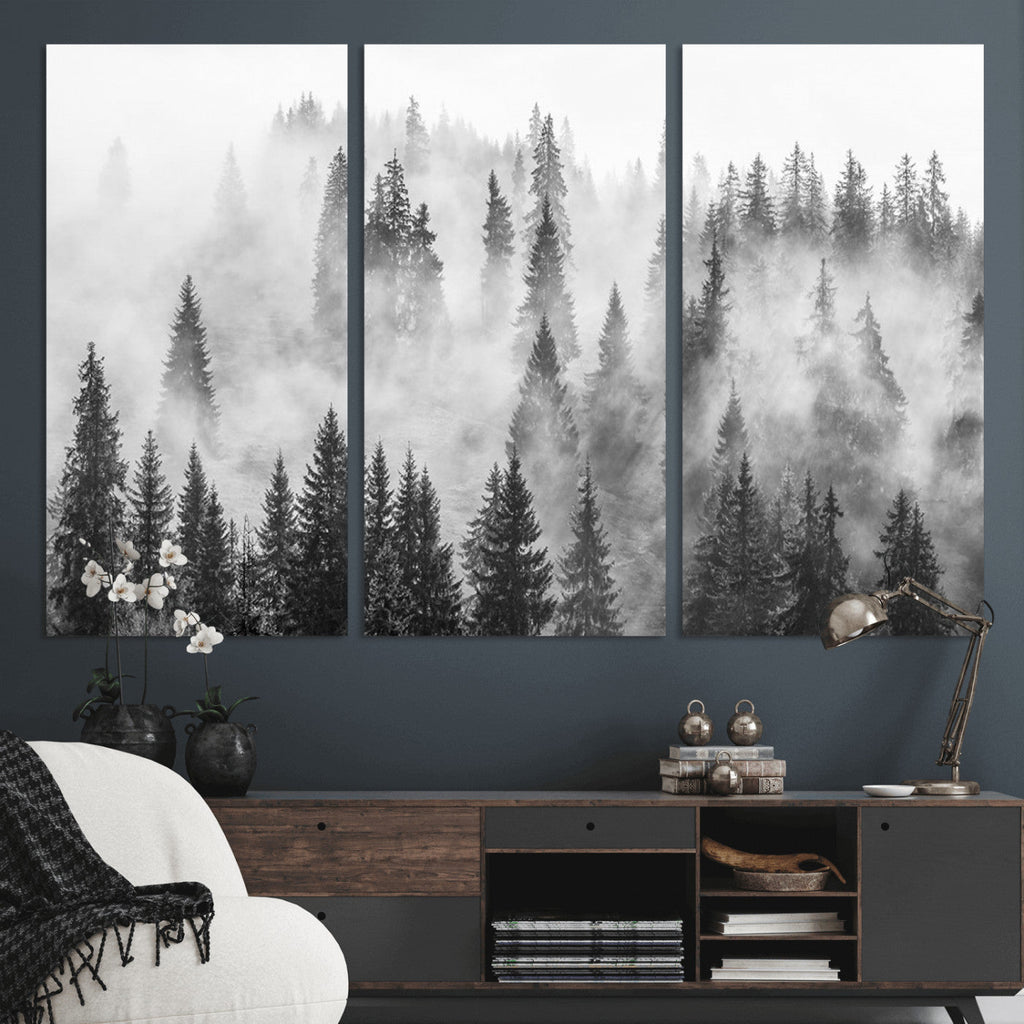 Forest Wall Art Print | Foggy Pine Forest Canvas Wall Art, Black and White Nature Decor