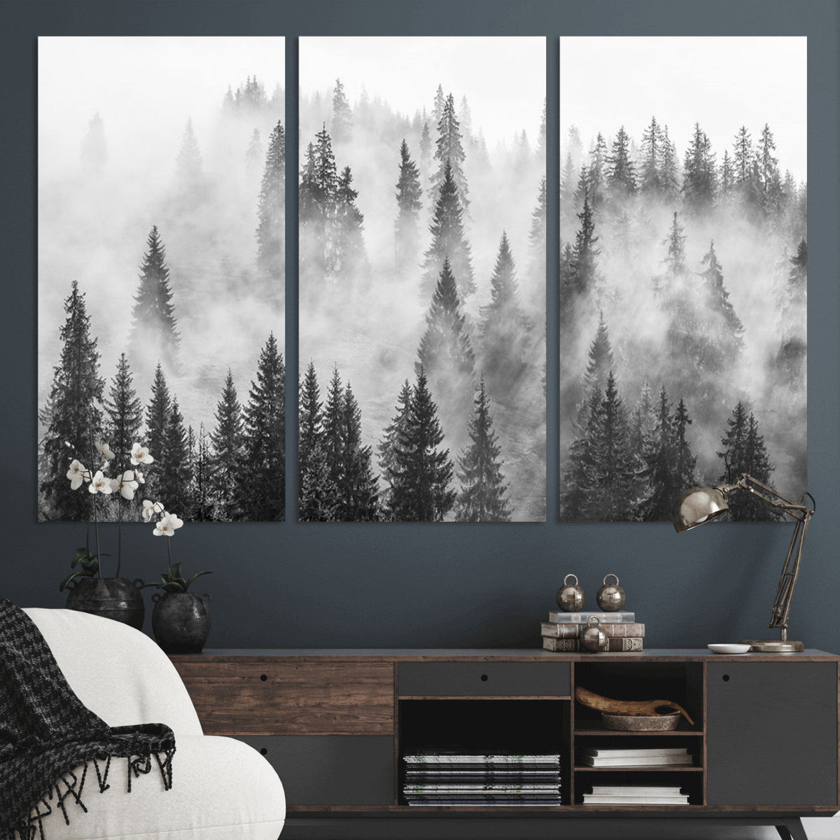 Forest Wall Art Print | Foggy Pine Forest Canvas Wall Art, Black and White Nature Decor