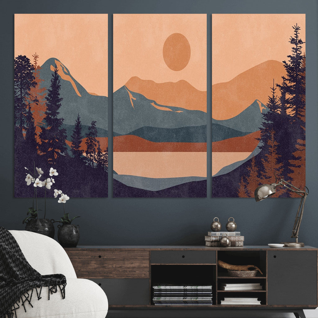 Modern Boho Sunset Canvas Print, Mountain Landscape Triptych
