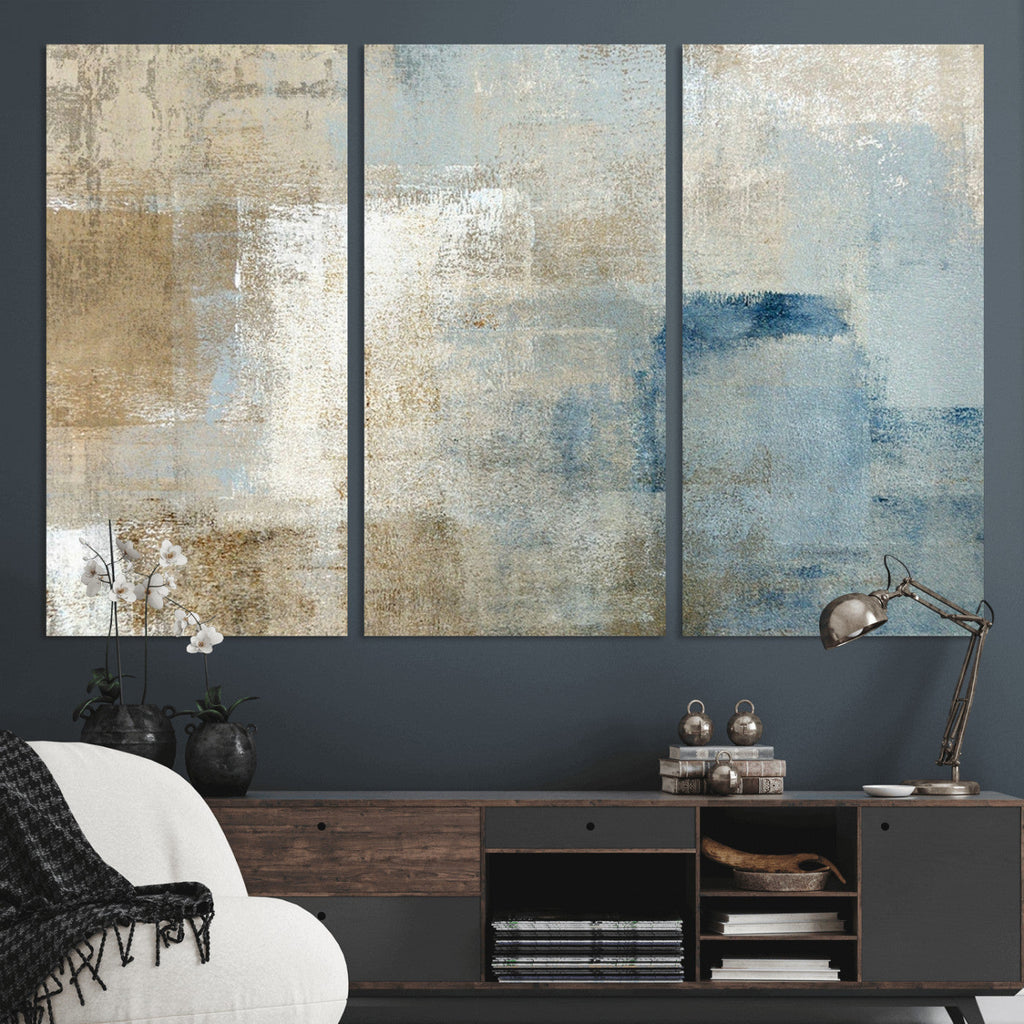 Abstract Blue and Beige Wall Art, Modern Minimalist Canvas Print Set