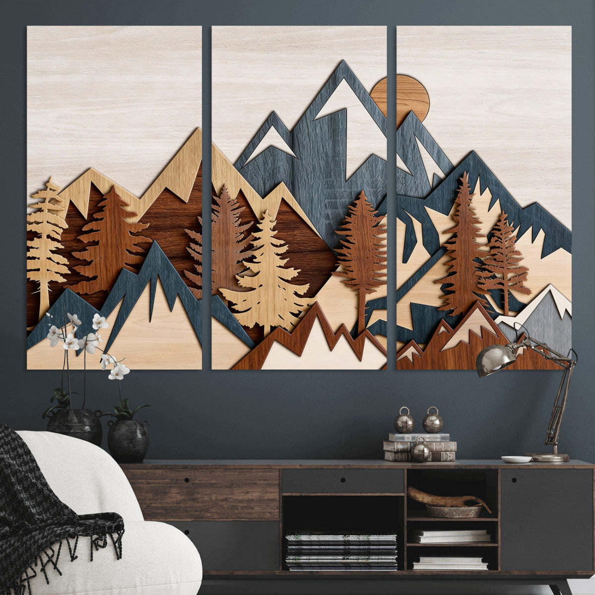 Rustic Abstract Wood Panel Effect Canvas | Mountain Range Top Wood Wall Art Canvas Print