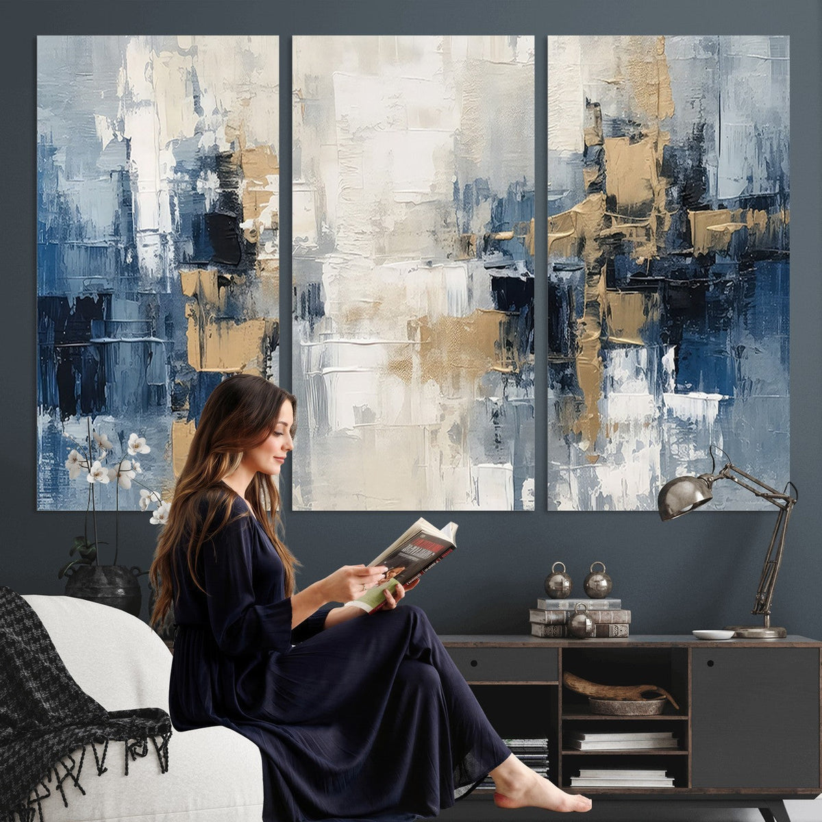 Modern Abstract Canvas Wall Art in Blue and Gold Tones | Large Contemporary Art for Living Room