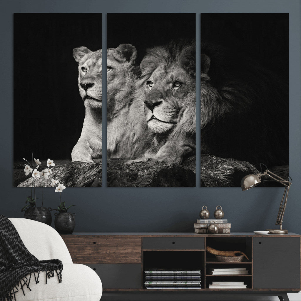 Lion Couple Wall Art Canvas Print, Elegant Black and White Wildlife Portrait